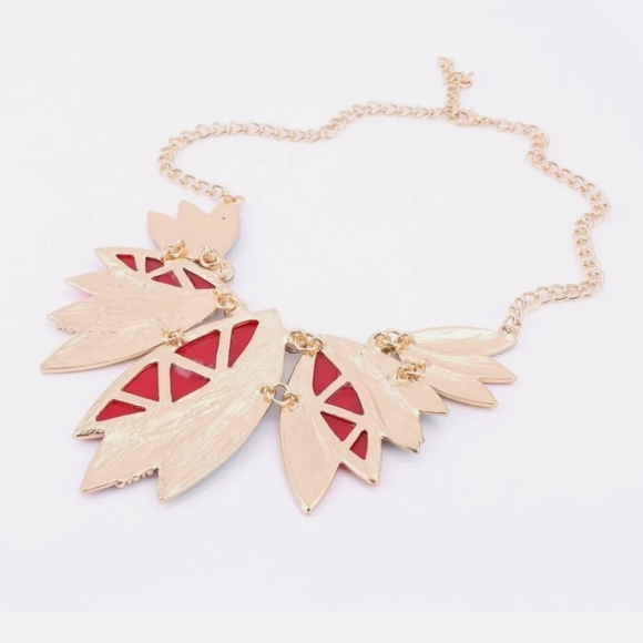 18K gold plated red crystal leaf necklace earrings set - Picture 7 of 12